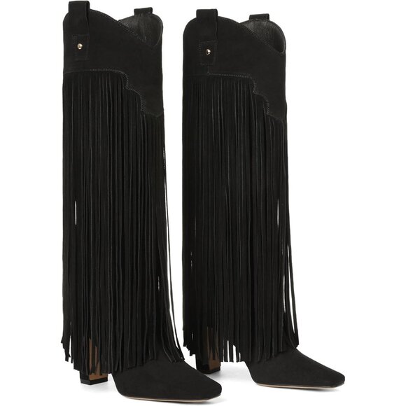 Shoes - Women's Black Suede Knee High Fringe Boots Chunky Heel Tall Shoes Pull-On Party